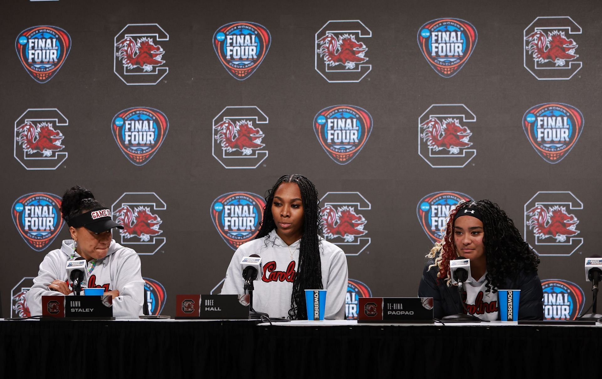 Head coach Dawn Staley, Bree Hall and Te-Hina Paopao of the South Carolina Gamecocks speak during a press conference on April 04, 2024. Photo: Getty